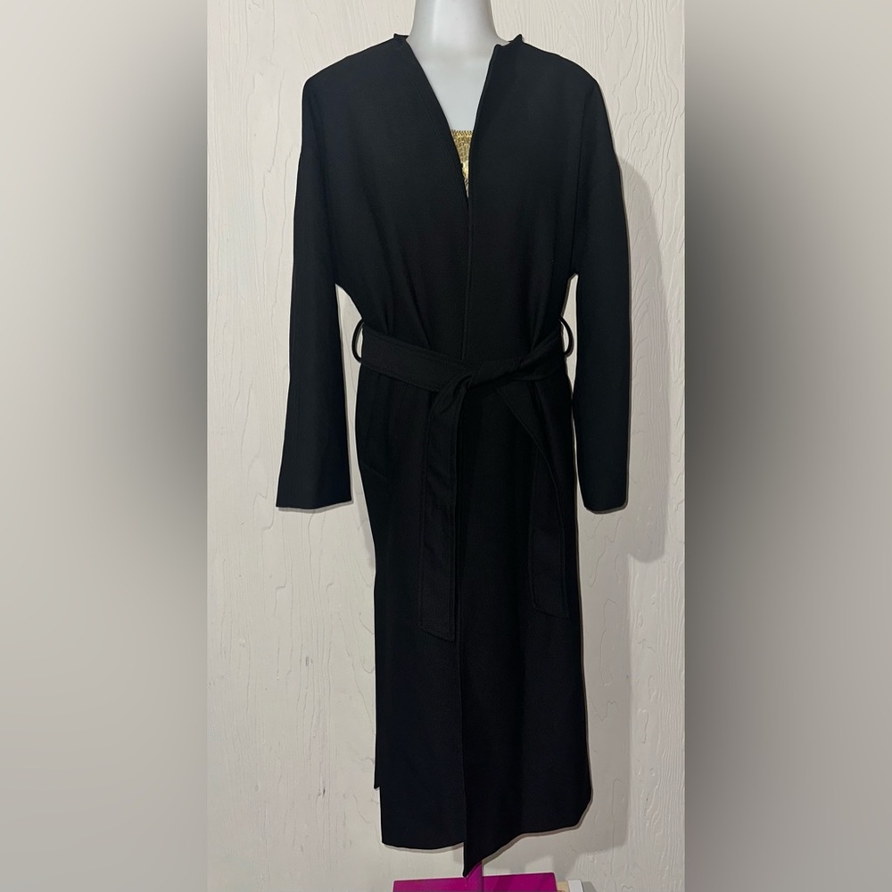 H&M Coat Womens Black Belted Long Stamped Slit Lined Trench Coatigan XS